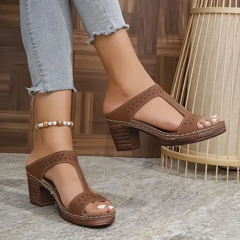 Women's Black Laser-Cut Chunky Heel Sandals ( BUY 2 FREE SHIPPING )