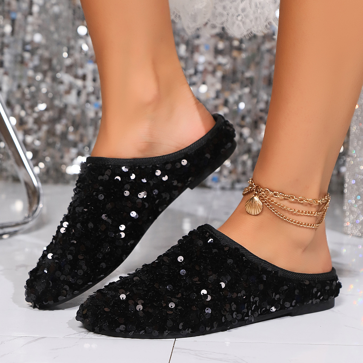 🔥Last Day 60% OFF - Sequined closed toe half slippers