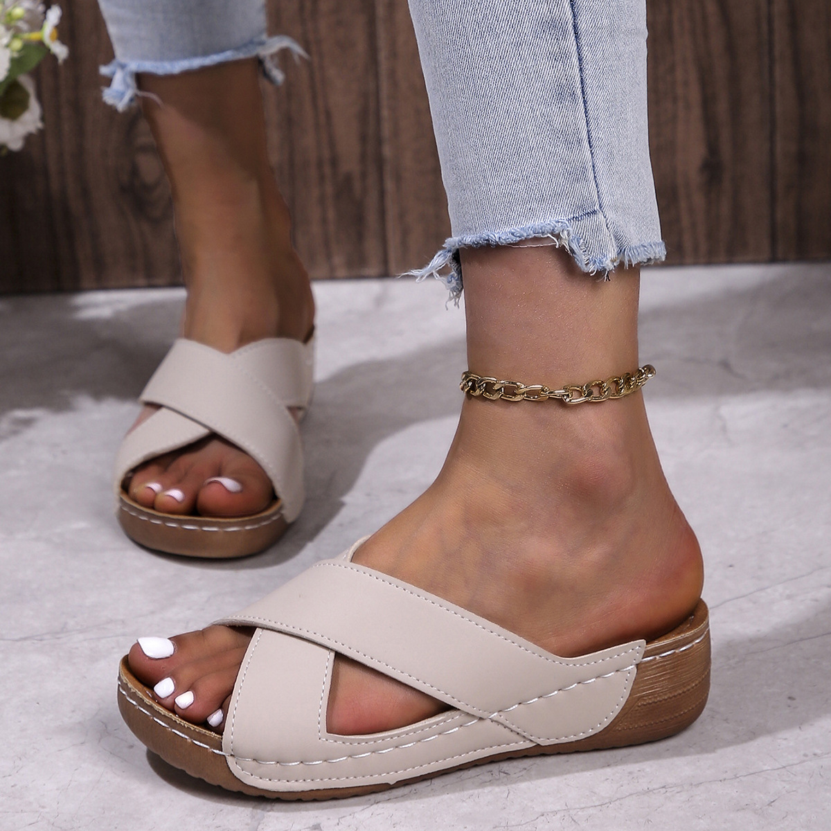 🔥Last Day 60% OFF - Large solid color cross wedge sandals