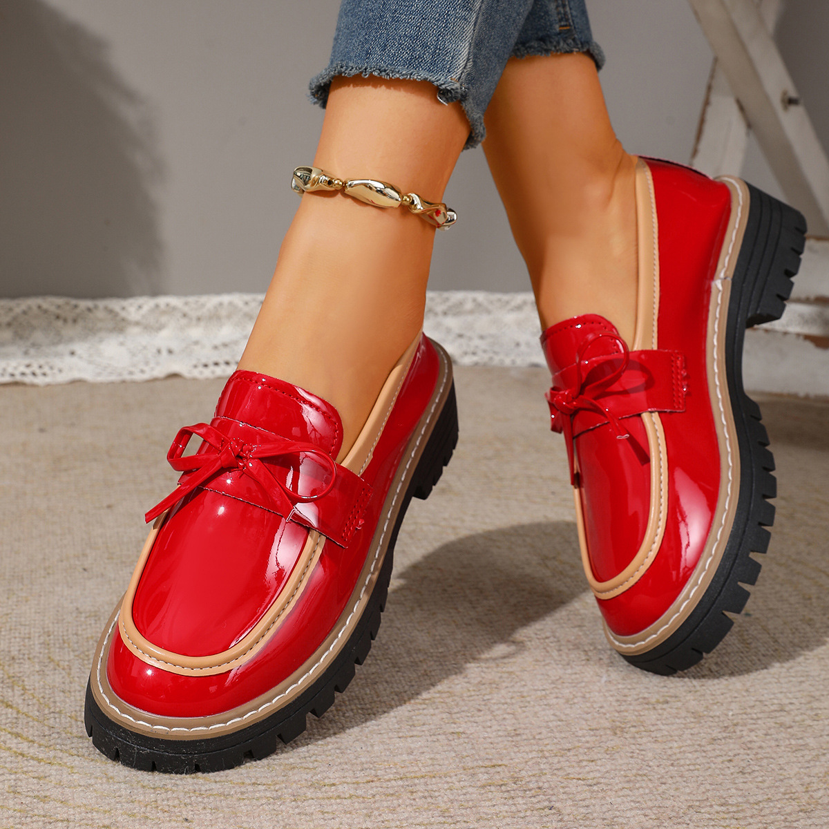Women's Glossy Block-Heel Bow Casual Loafers