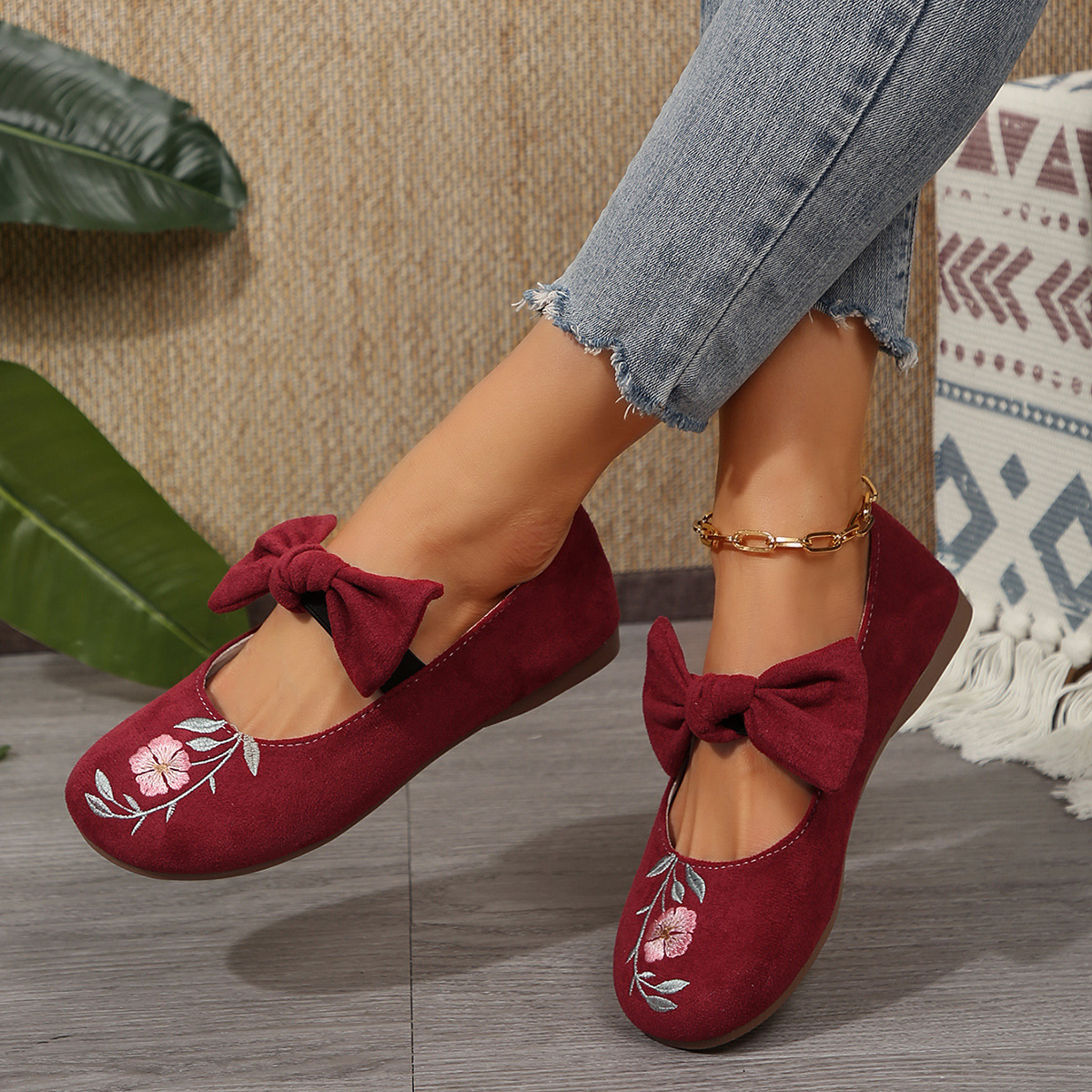 New Embroidered Bow Flat Mary Jane Shoes