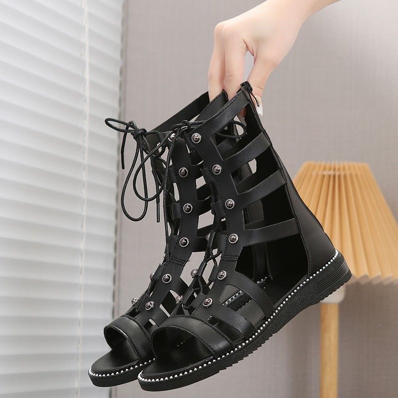 Women's Cutout Design Flat Sandals, Casual Open Toe Lace Up with Back Zipper