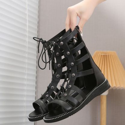Women's Cutout Design Flat Sandals, Casual Open Toe Lace Up with Back Zipper