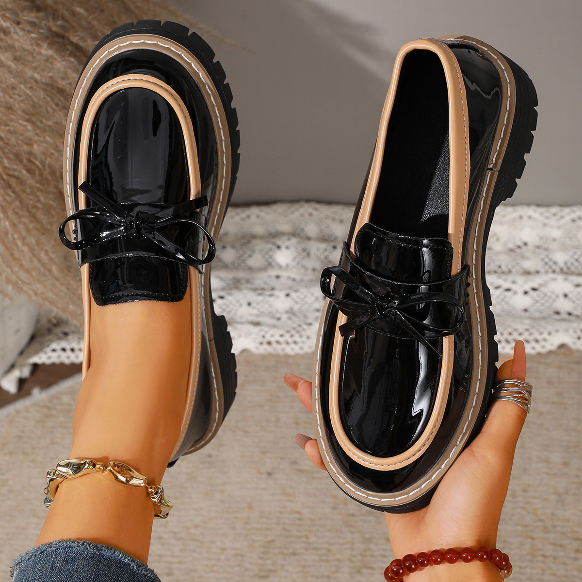 Women's Glossy Block-Heel Bow Casual Loafers