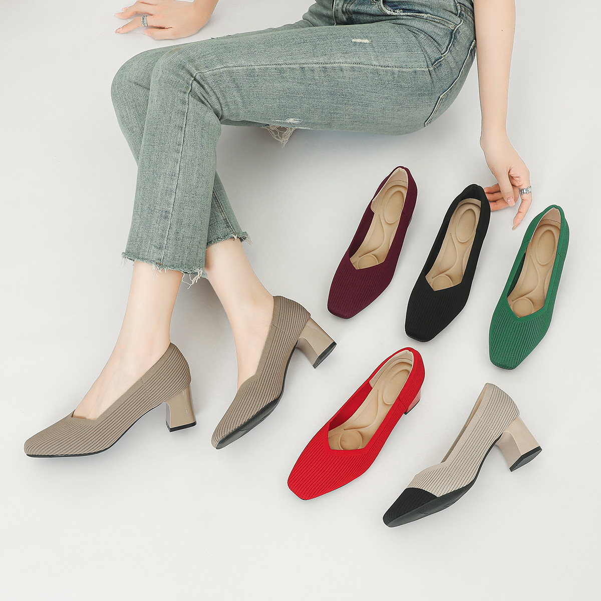 [Chunky Heel Women's Shoes] Energetic Knit Square Toe Shallow Mouth Slip-On Shoes ( BUY 2 FREE SHIPPING )