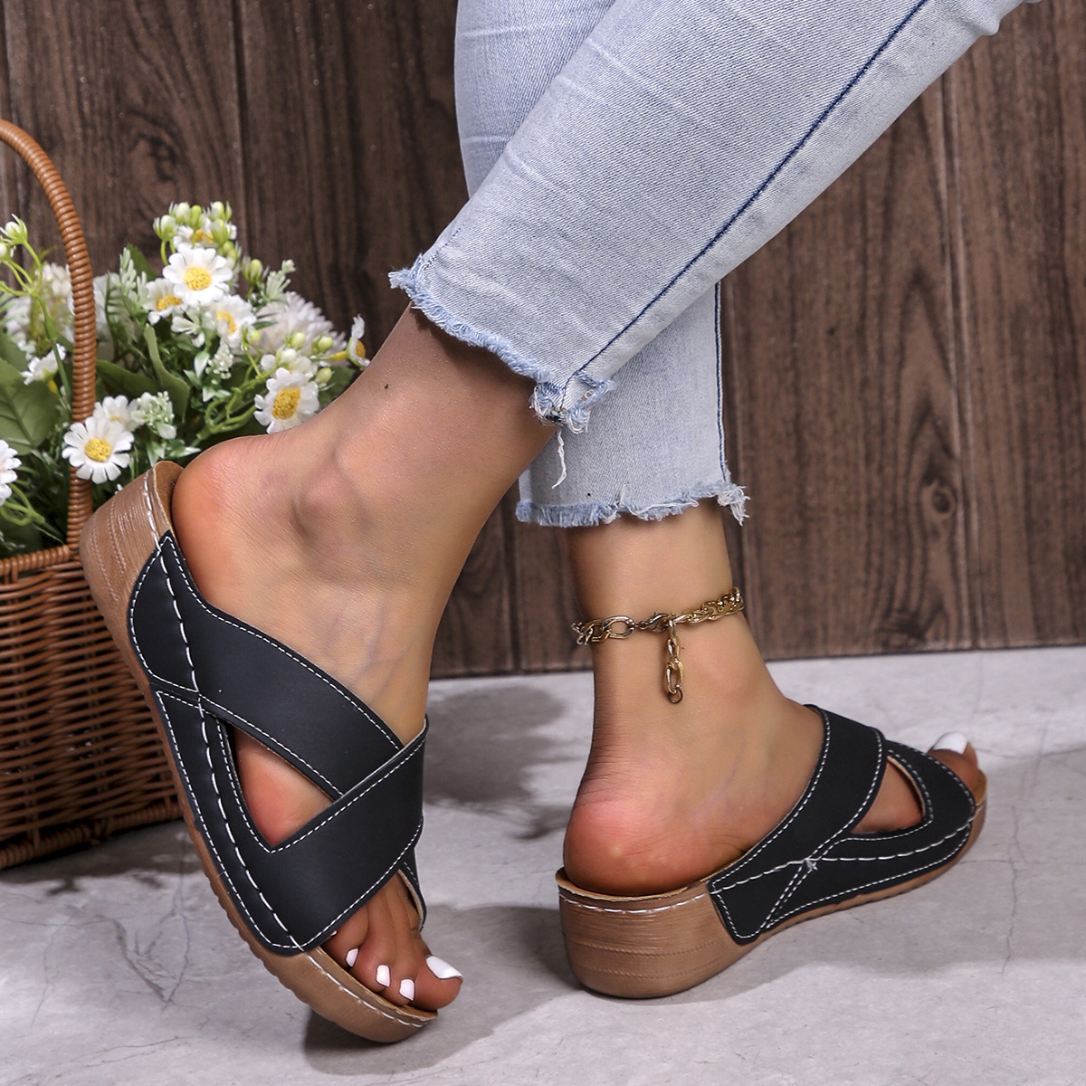🔥Last Day 60% OFF - Large solid color cross wedge sandals
