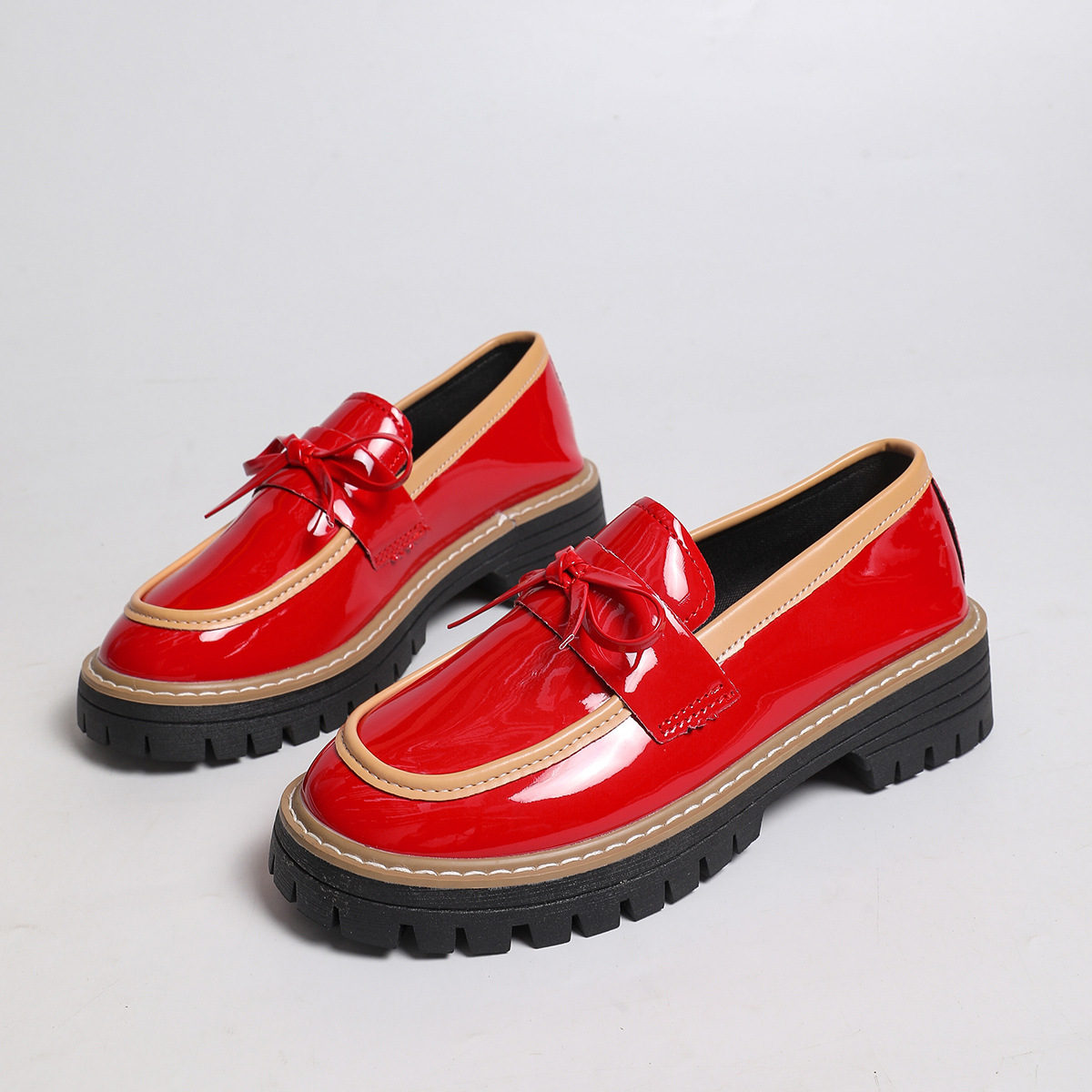 Women's Glossy Block-Heel Bow Casual Loafers