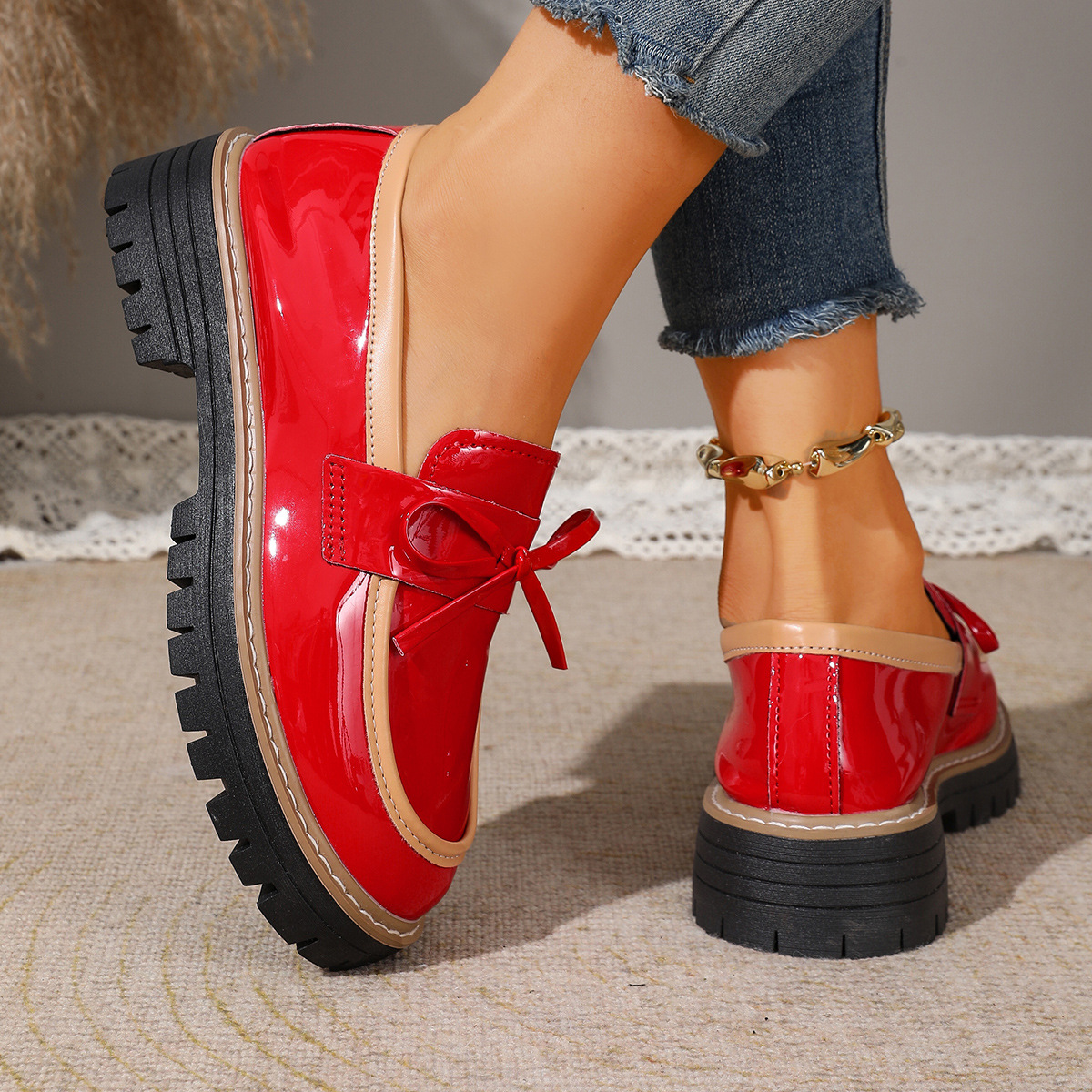 Women's Glossy Block-Heel Bow Casual Loafers