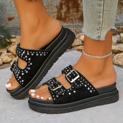 🔥Last Day 70% OFF - Women's Versatile Rivet Double-breasted Platform Slippers