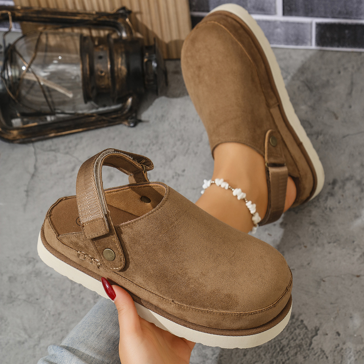 Stylish and versatile cowhide suede platform closed-toe slides with Velcro straps ( BUY 2 FREE SHIPPING )