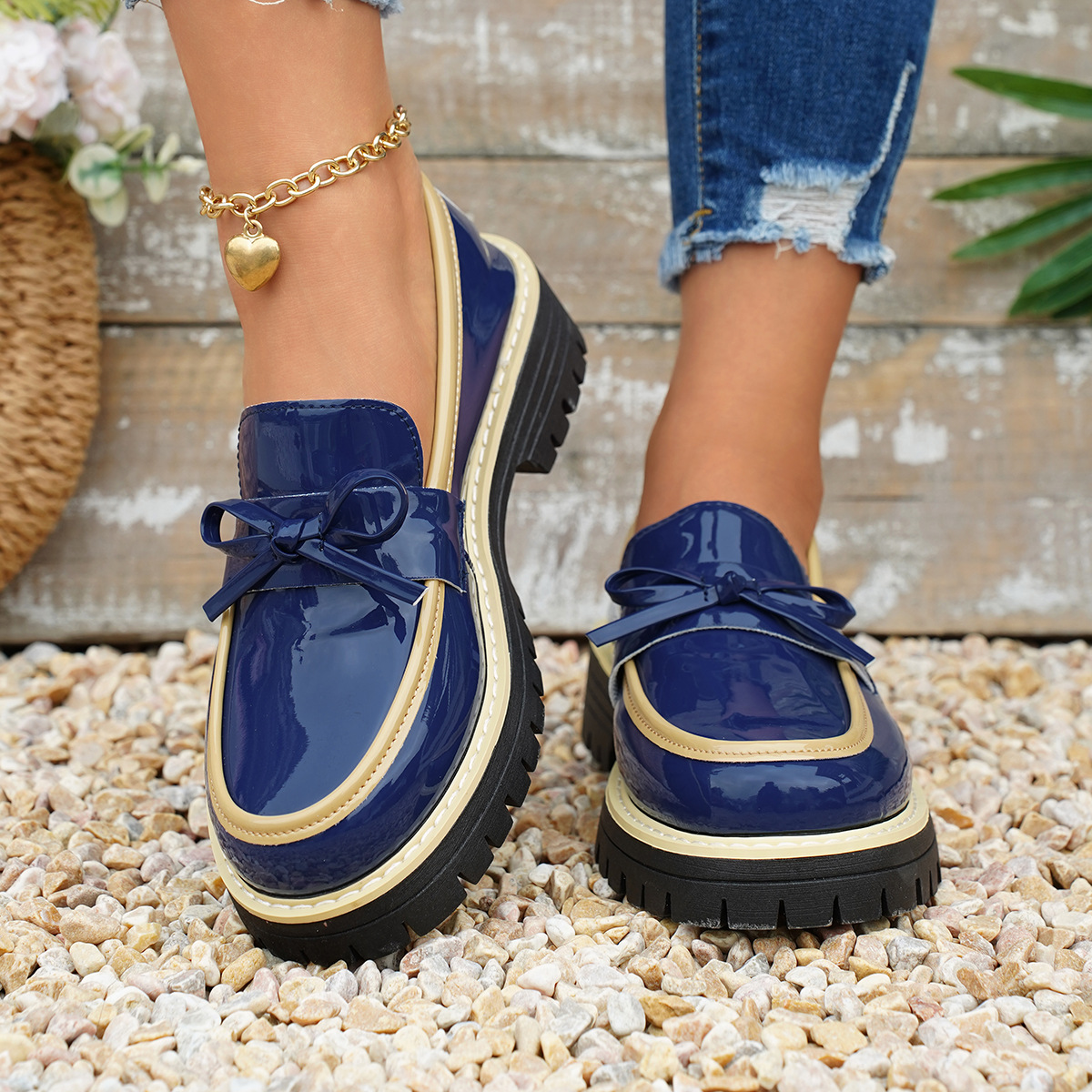 Women's Glossy Block-Heel Bow Casual Loafers