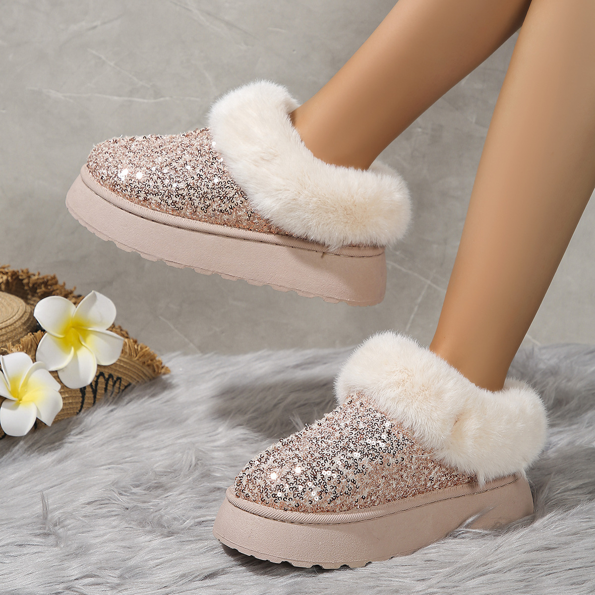 Indoor/Outdoor Thickened Sequined Comfortable Cotton Shoes