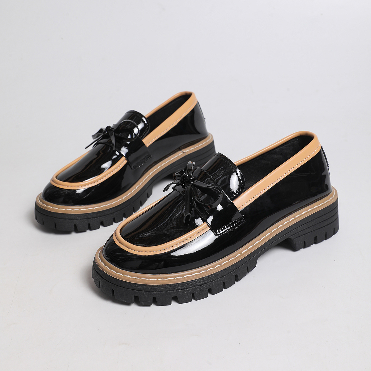 Women's Glossy Block-Heel Bow Casual Loafers