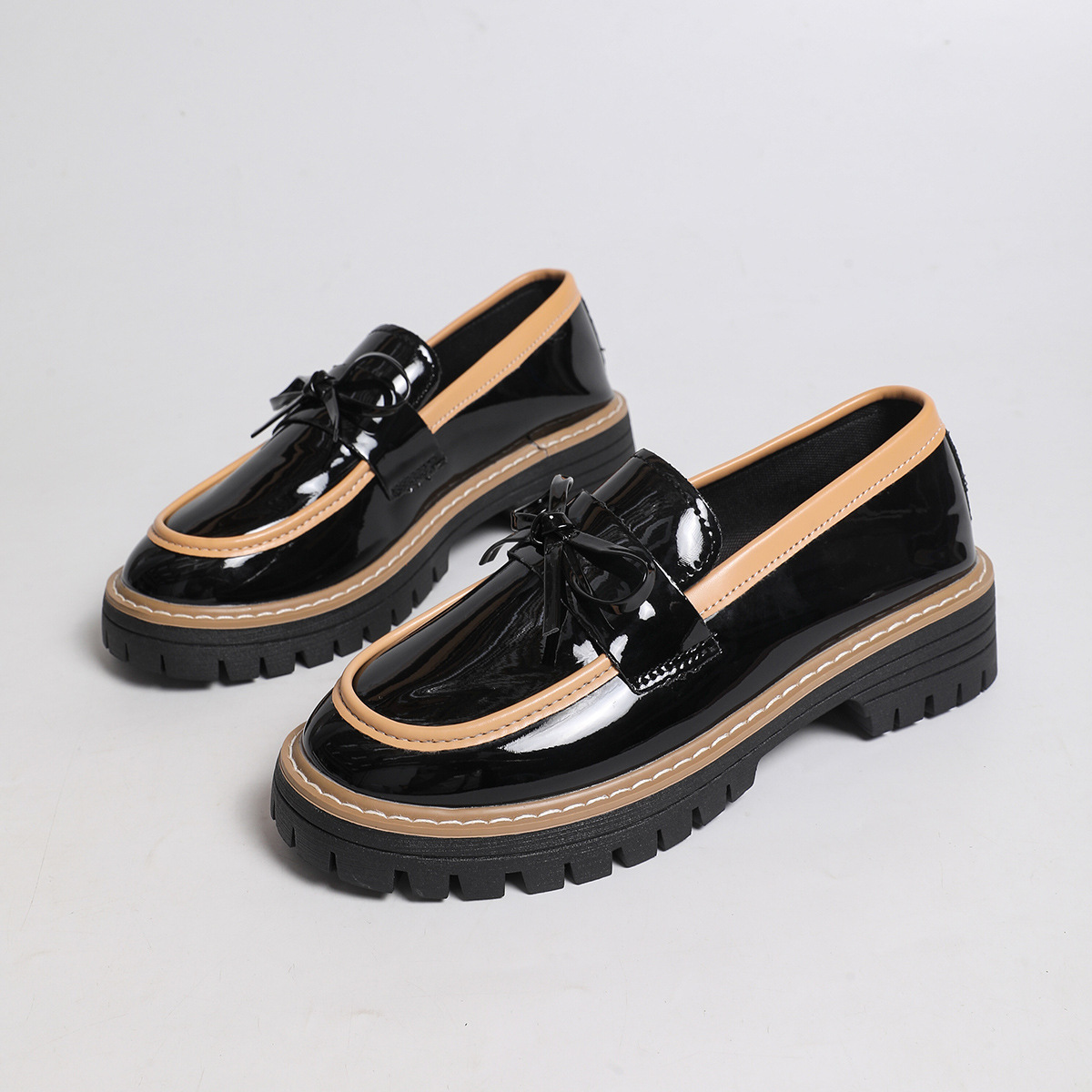 Women's Glossy Block-Heel Bow Casual Loafers