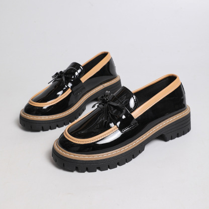 Women's Glossy Block-Heel Bow Casual Loafers