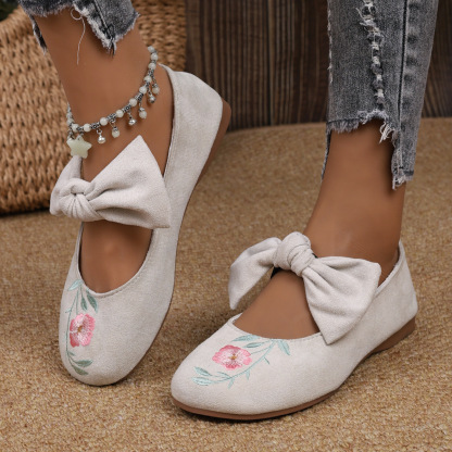 New Embroidered Bow Flat Mary Jane Shoes