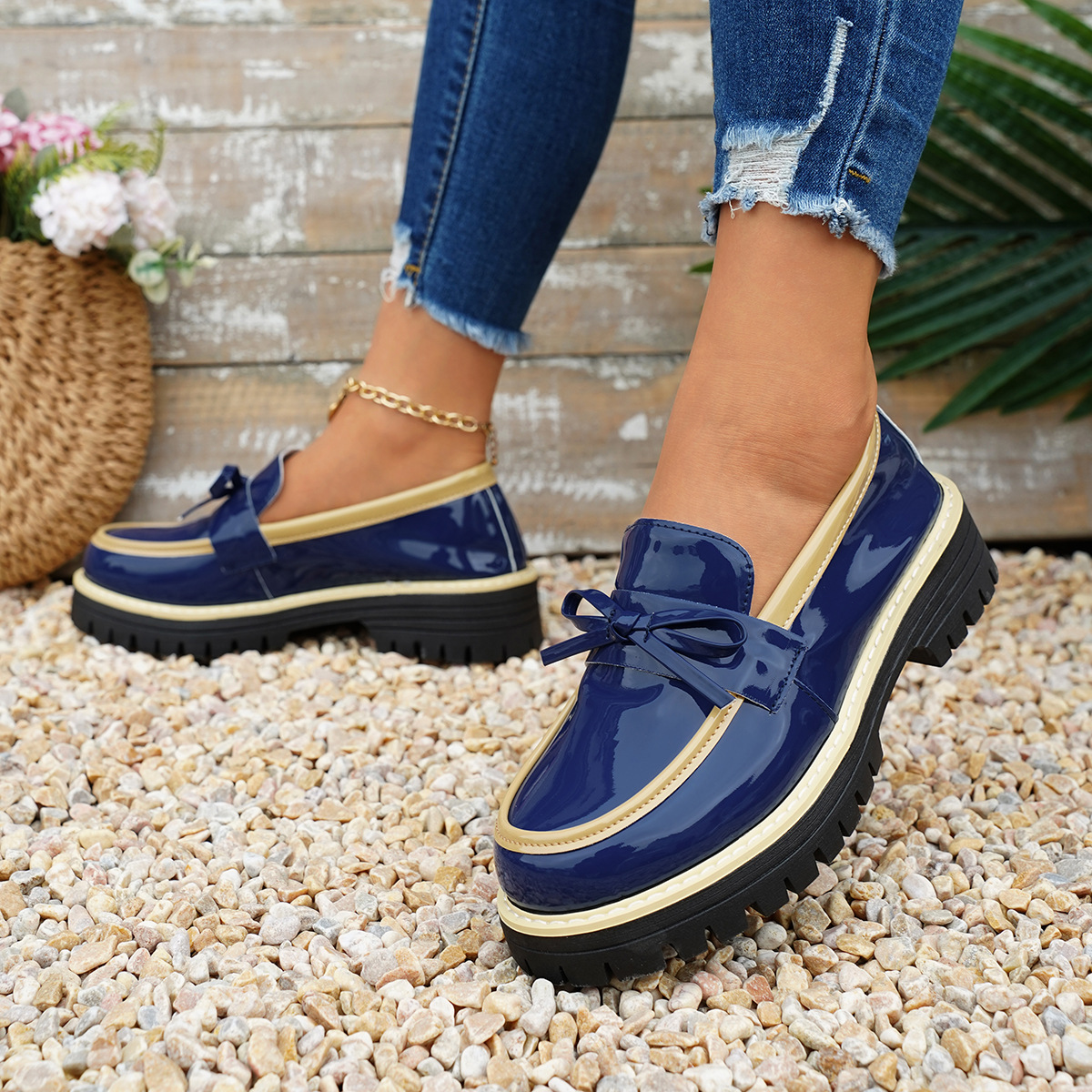 Women's Glossy Block-Heel Bow Casual Loafers