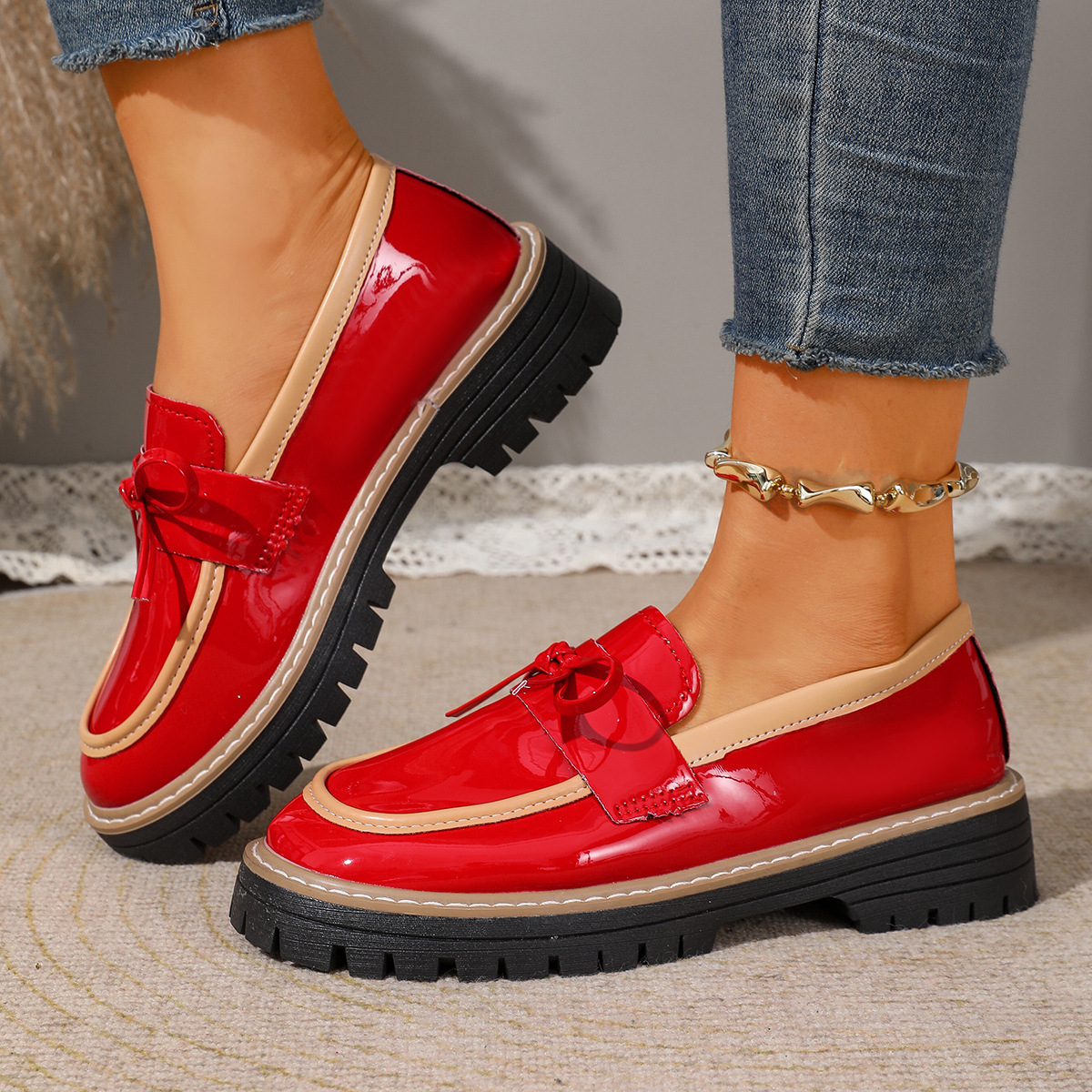 Women's Glossy Block-Heel Bow Casual Loafers
