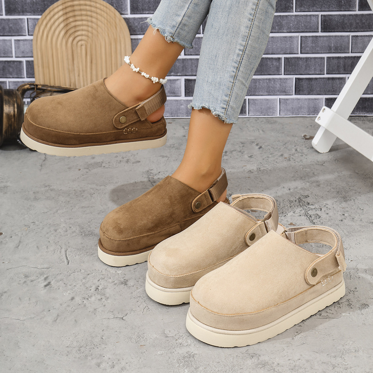 Stylish and versatile cowhide suede platform closed-toe slides with Velcro straps ( BUY 2 FREE SHIPPING )