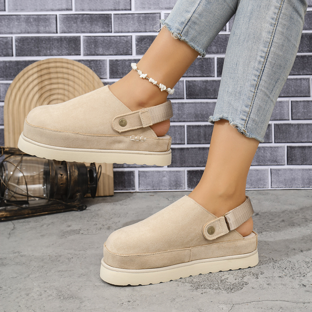 Stylish and versatile cowhide suede platform closed-toe slides with Velcro straps ( BUY 2 FREE SHIPPING )
