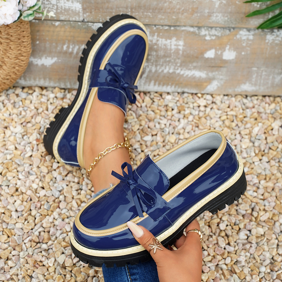 Women's Glossy Block-Heel Bow Casual Loafers