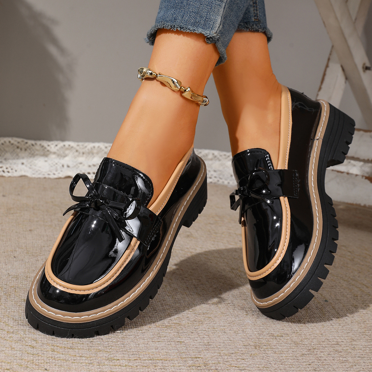 Women's Glossy Block-Heel Bow Casual Loafers