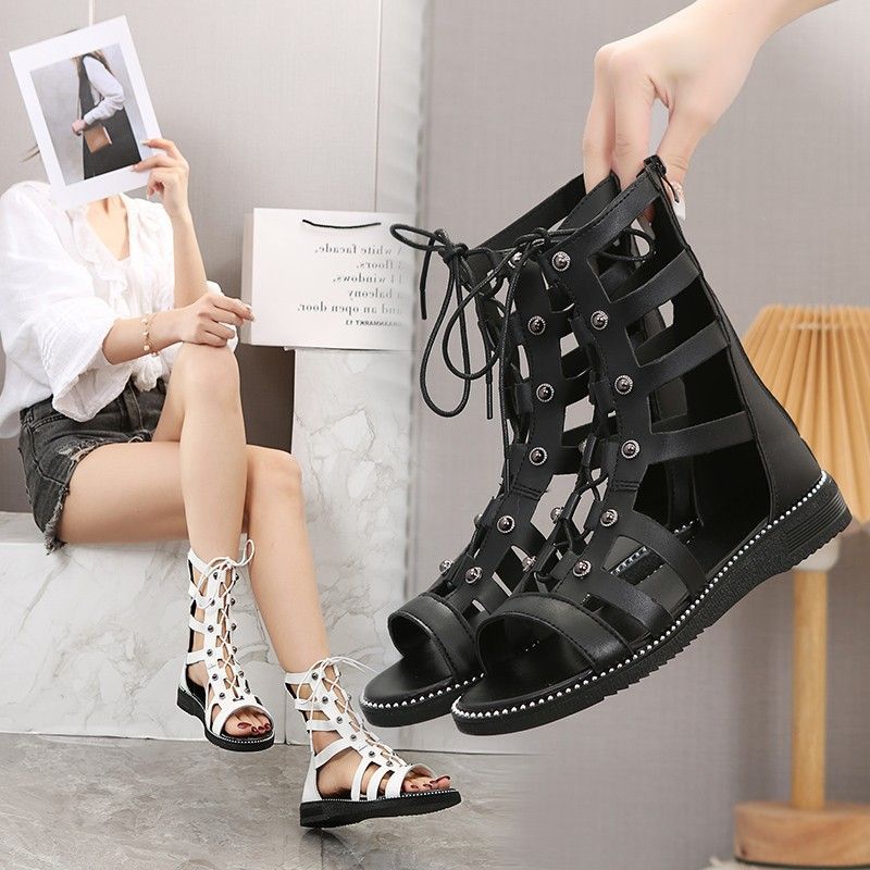 Women's Cutout Design Flat Sandals, Casual Open Toe Lace Up with Back Zipper