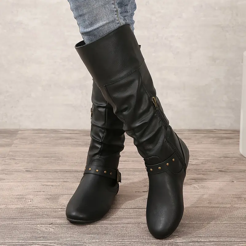 Women's Pleated Retro Round Toe Knee High Boots