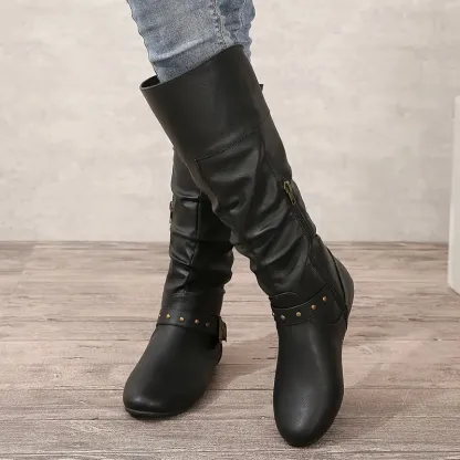 Women's Pleated Retro Round Toe Knee High Boots