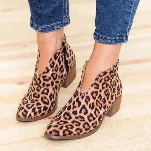 Women Sexy V-cut ankle zipper chunky boots