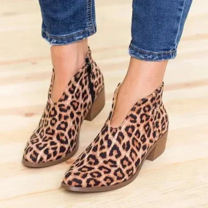 Women Sexy V-cut ankle zipper chunky boots