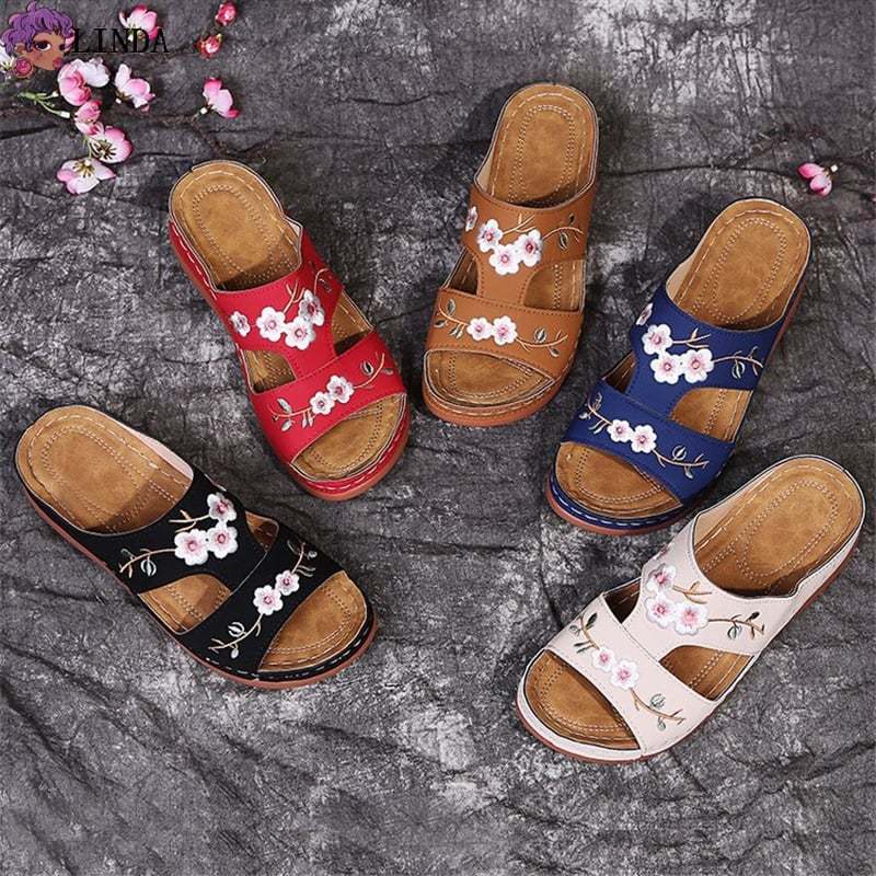 🔥Last Day Sale-[SAVE 50% OFF]-- Women's Orthopedic Flower Embroidered Wedges Sandals-BUY 2 FREE SHIPPING