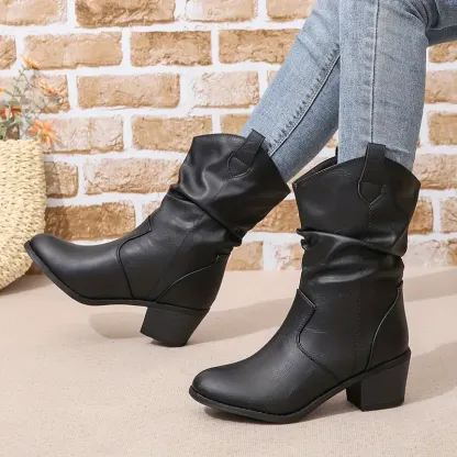 Women's Pleated Design Chunky Heel Boots
