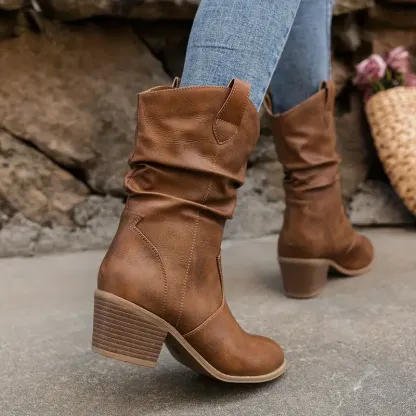 Women's Pleated Design Chunky Heel Boots