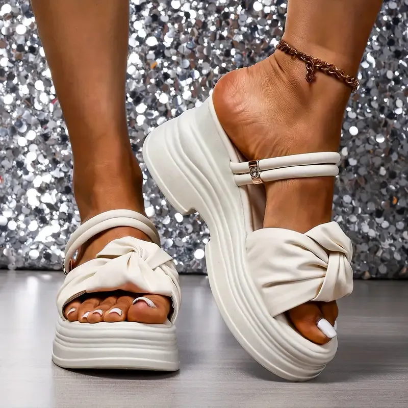 🔥Last Day 70% OFF - Women'S Stylish White Platform Wedge Sandals with Bow Detail