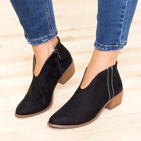Women Sexy V-cut ankle zipper chunky boots