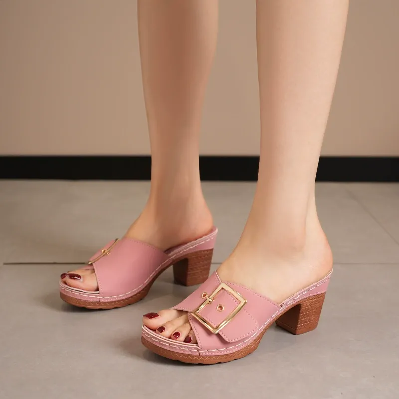 🔥Last Day 60% OFF - Large size mid-heel metal buckle slippers