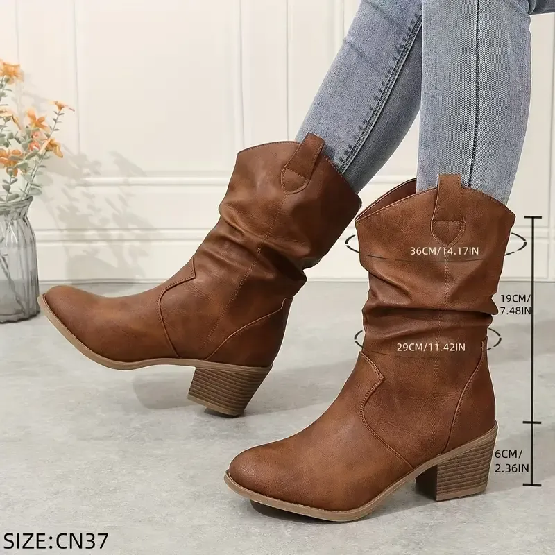 Women's Pleated Design Chunky Heel Boots
