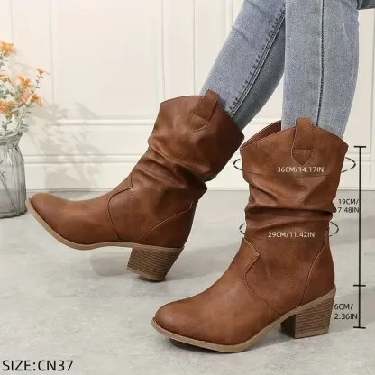 Women's Pleated Design Chunky Heel Boots