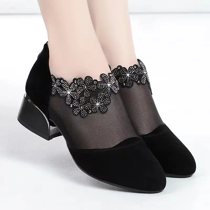 Women's Mesh Block Flower Rhinestone Fashion Back Zipper Sandals