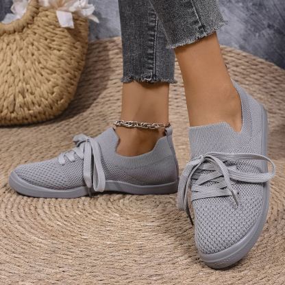 Mesh Flying Woven Light Lace-up Solid Color Flat Shoes