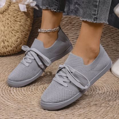 Mesh Flying Woven Light Lace-up Solid Color Flat Shoes