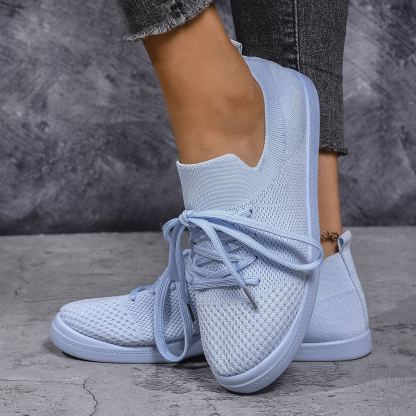 Mesh Flying Woven Light Lace-up Solid Color Flat Shoes