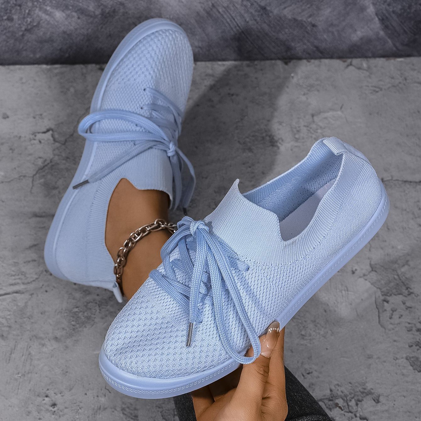 Mesh Flying Woven Light Lace-up Solid Color Flat Shoes