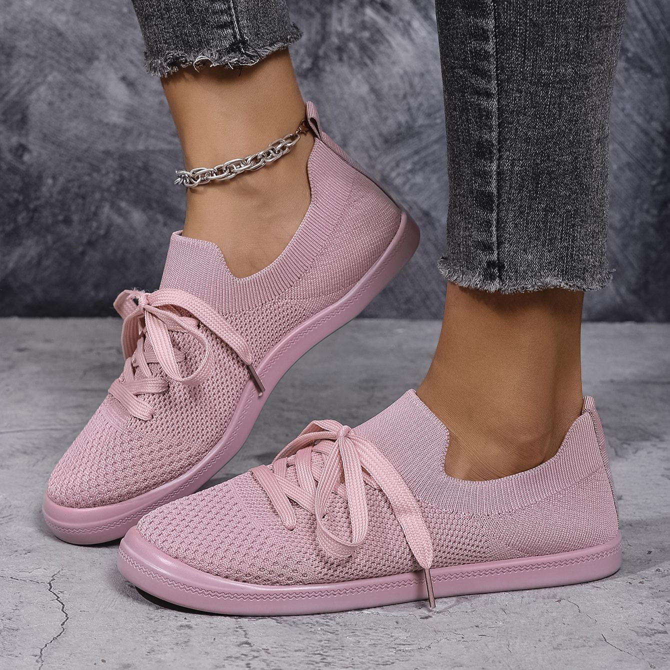 Mesh Flying Woven Light Lace-up Solid Color Flat Shoes