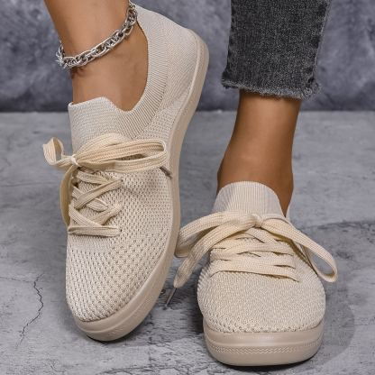 Mesh Flying Woven Light Lace-up Solid Color Flat Shoes