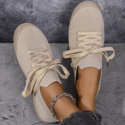 Mesh Flying Woven Light Lace-up Solid Color Flat Shoes
