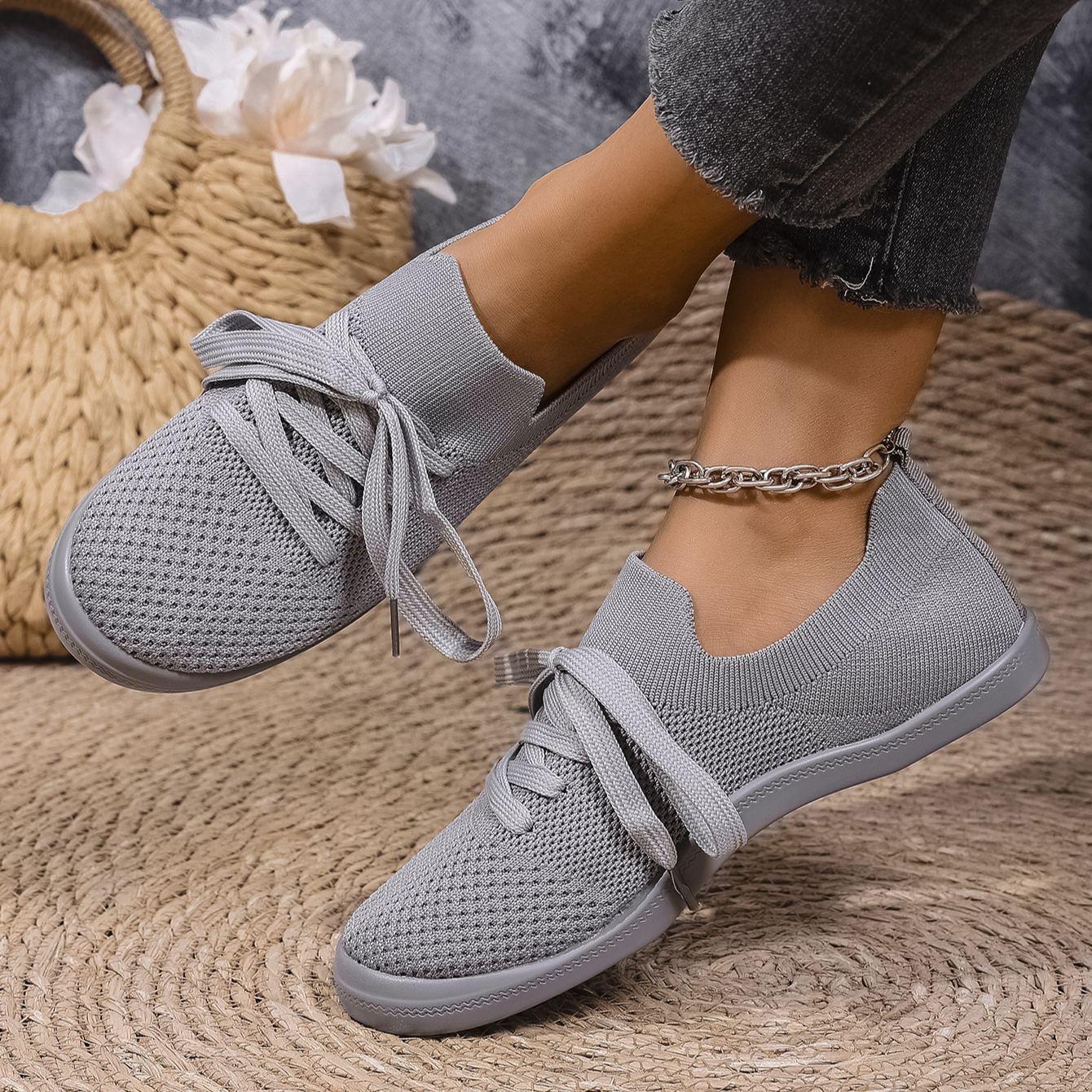 Mesh Flying Woven Light Lace-up Solid Color Flat Shoes