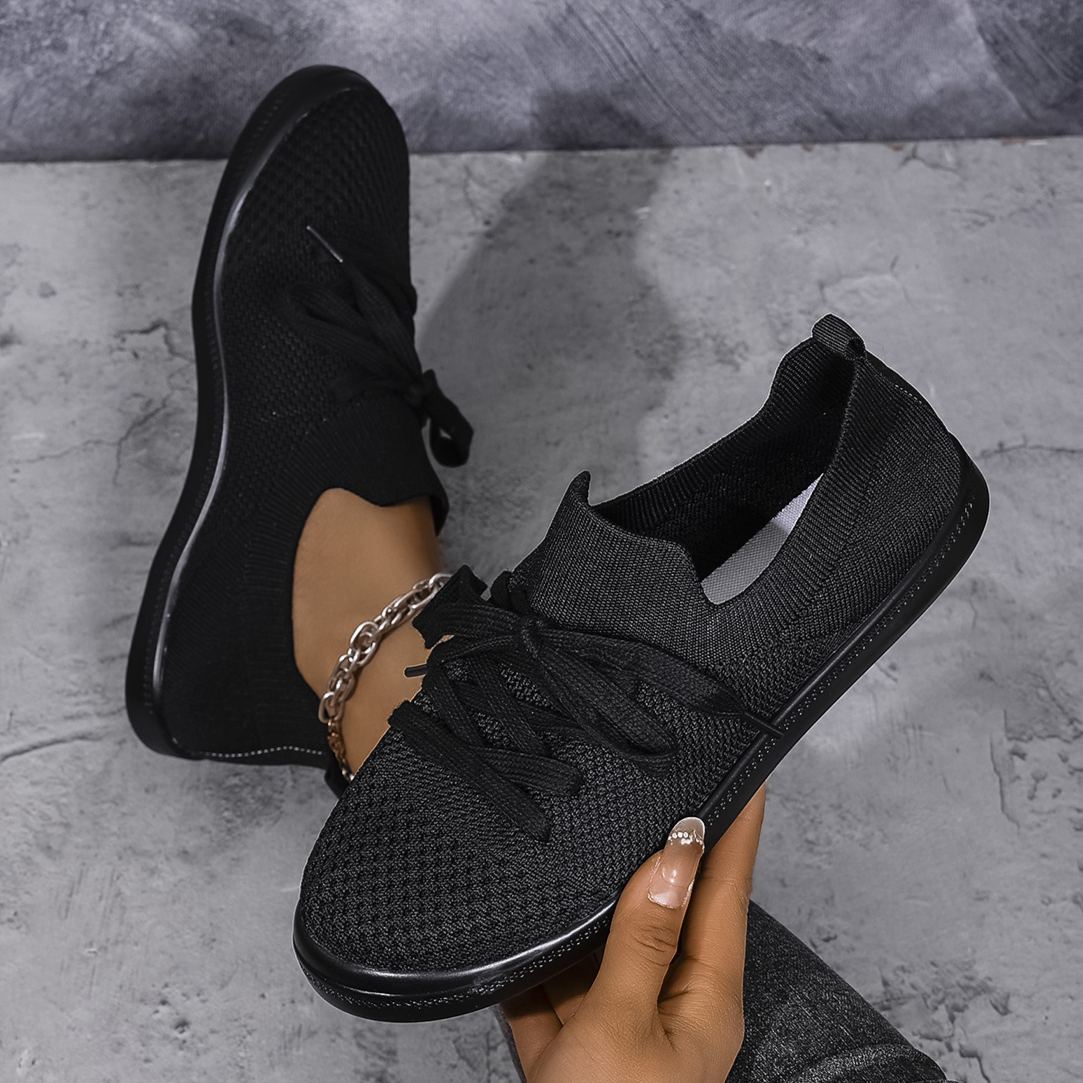 Mesh Flying Woven Light Lace-up Solid Color Flat Shoes