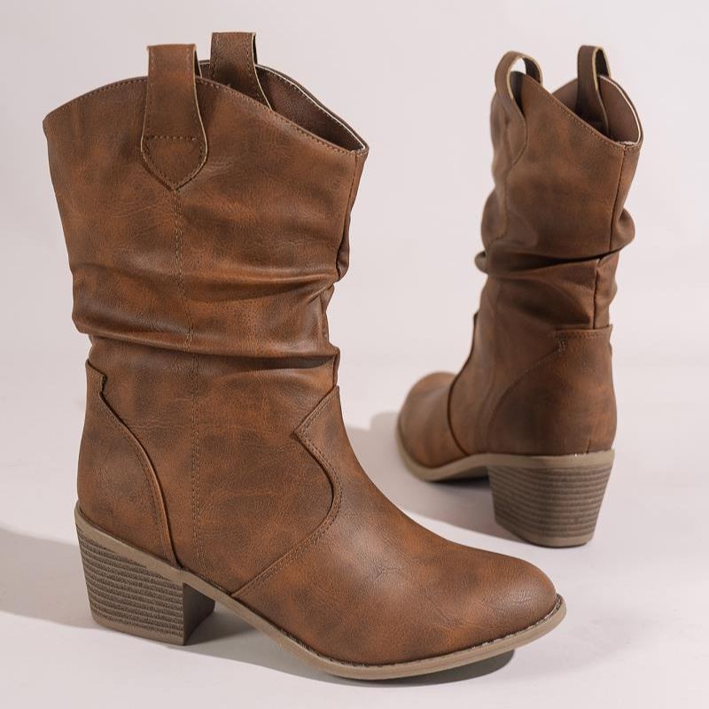 Women's Pleated Design Chunky Heel Boots